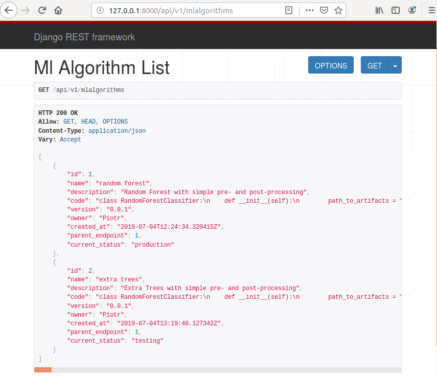 Two ML algorithms registered in the service